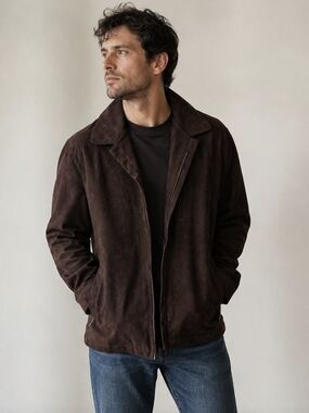 Dockers Men's Dark Brown Faux Suede Zip Jacket Classic Med Vintage